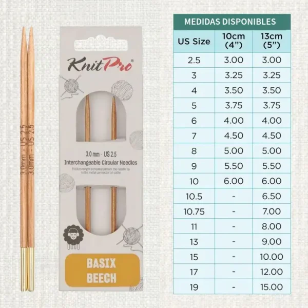 Agujas Circulares Intercambiables KnitPro Línea Basix Beech Medidas disponibles